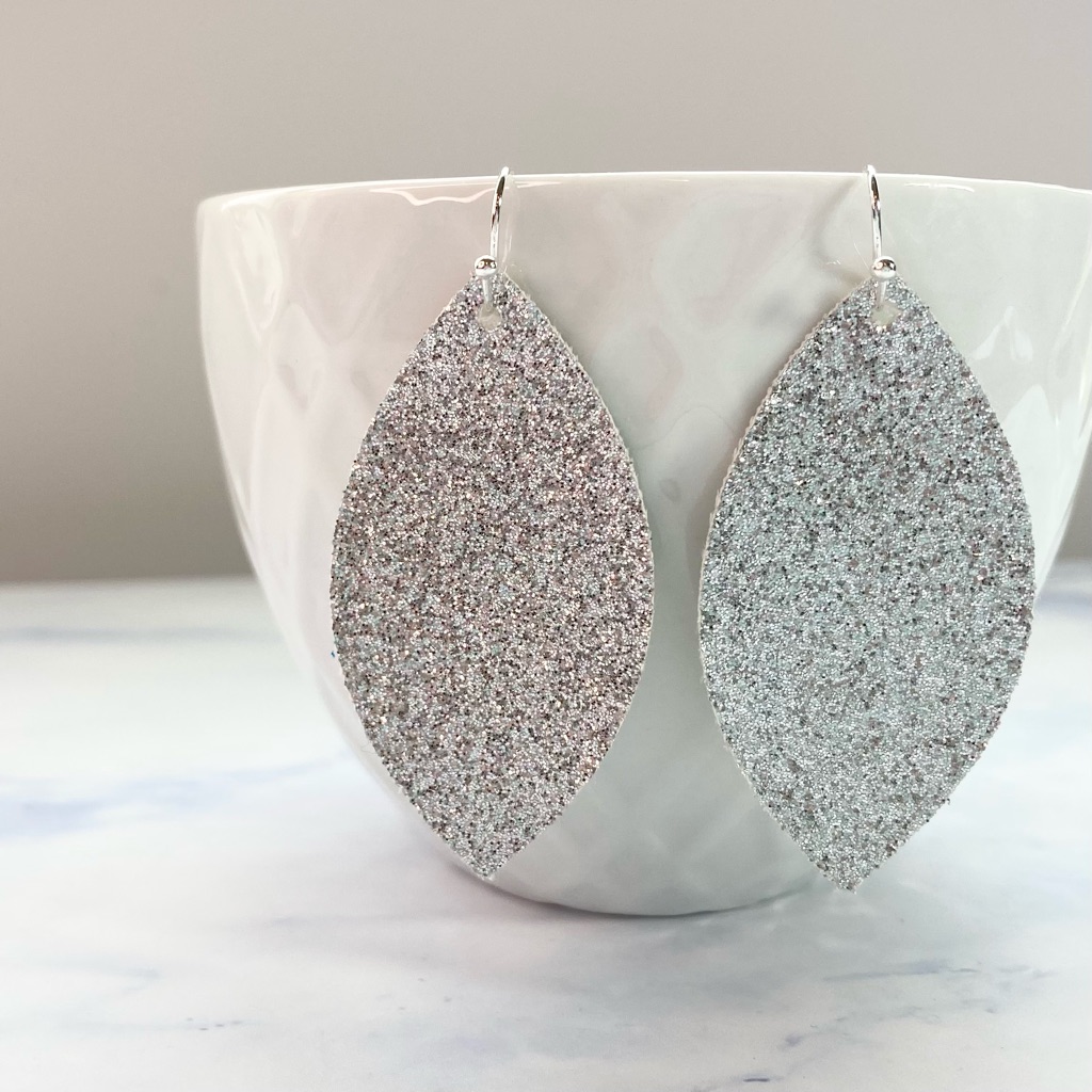 Glittery Silver Earrings, Vegan Leather
